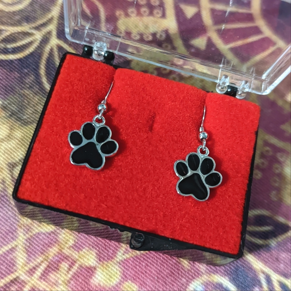 Paw print silver dangle earrings